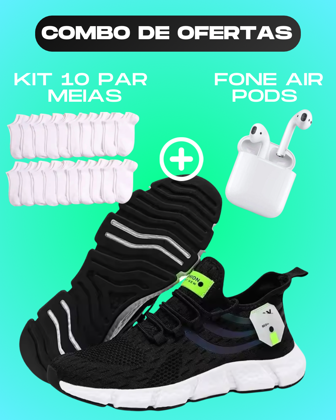 Tênis Sport Pro + Fone Air Pods + Kit 10 meias
