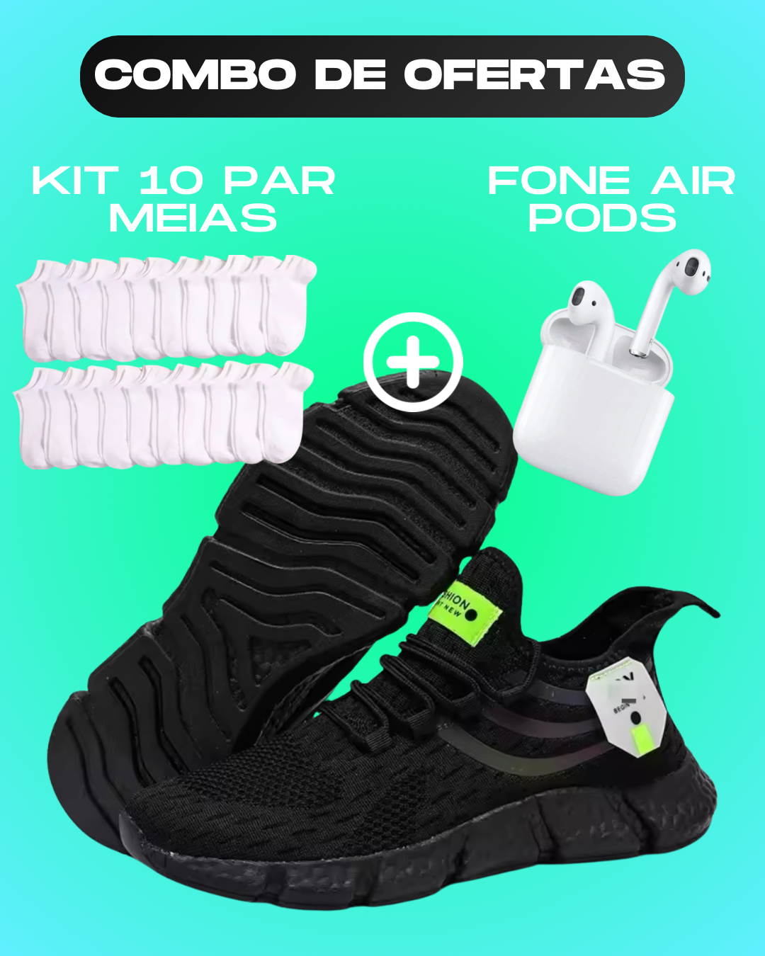 Tênis Sport Pro + Fone Air Pods + Kit 10 meias