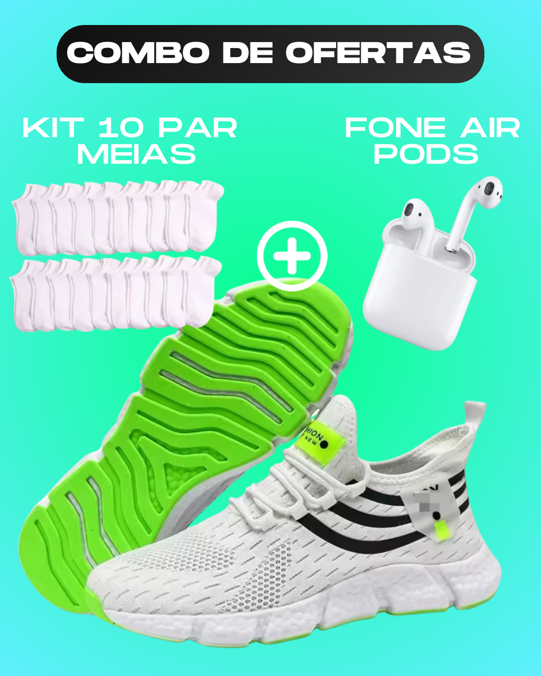 Tênis Sport Pro + Fone Air Pods + Kit 10 meias