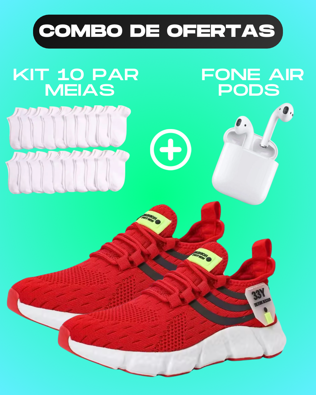 Tênis Sport Pro + Fone Air Pods + Kit 10 meias