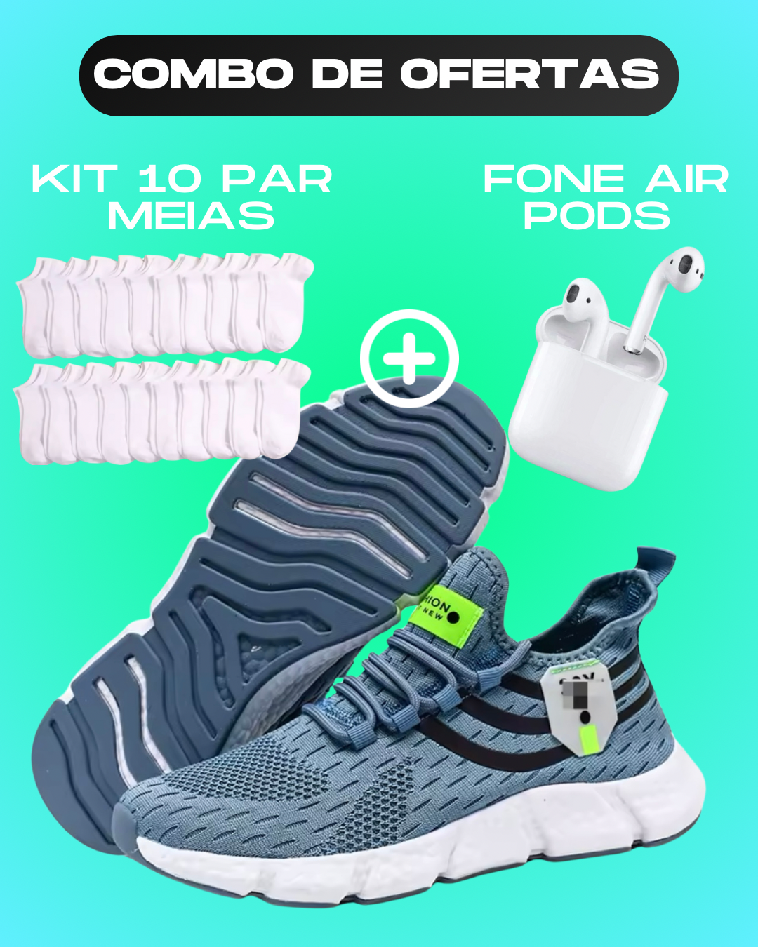 Tênis Sport Pro + Fone Air Pods + Kit 10 meias