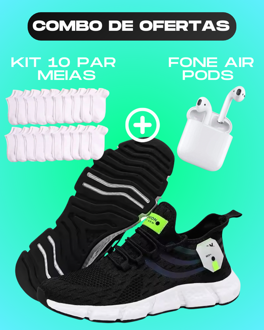 Tênis Sport Pro + Fone Air Pods + Kit 10 meias