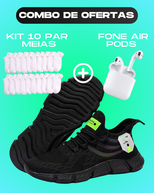 Tênis Sport Pro + Fone Air Pods + Kit 10 meias
