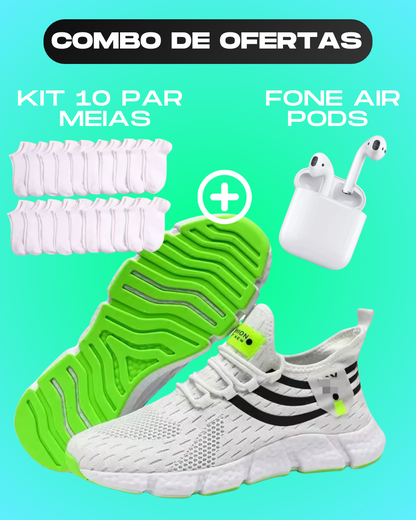 Tênis Sport Pro + Fone Air Pods + Kit 10 meias